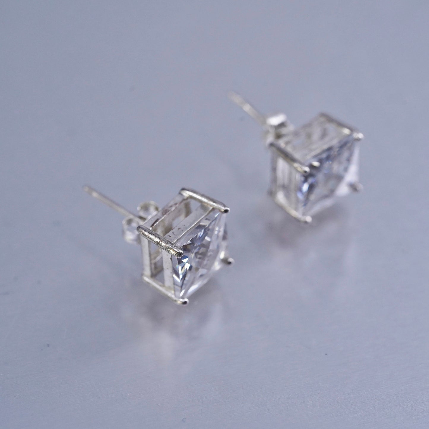 9mm, Vintage Sterling 925 silver earrings, studs with square cz inlay