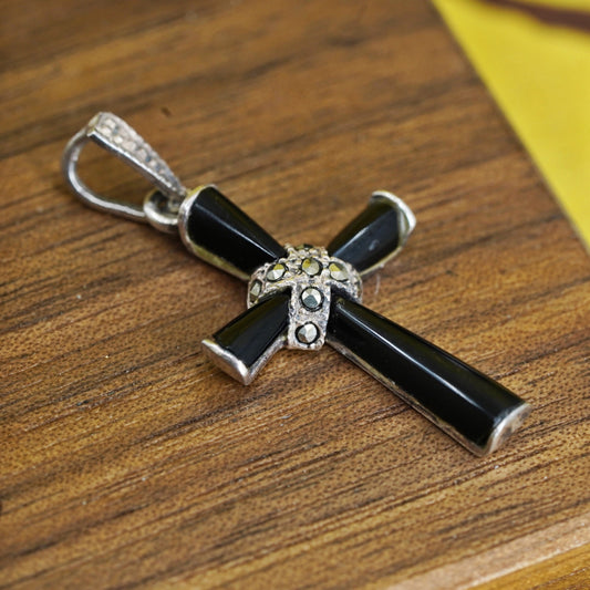 Vintage Sterling silver handmade pendant, 925 onyx cross with marcasite