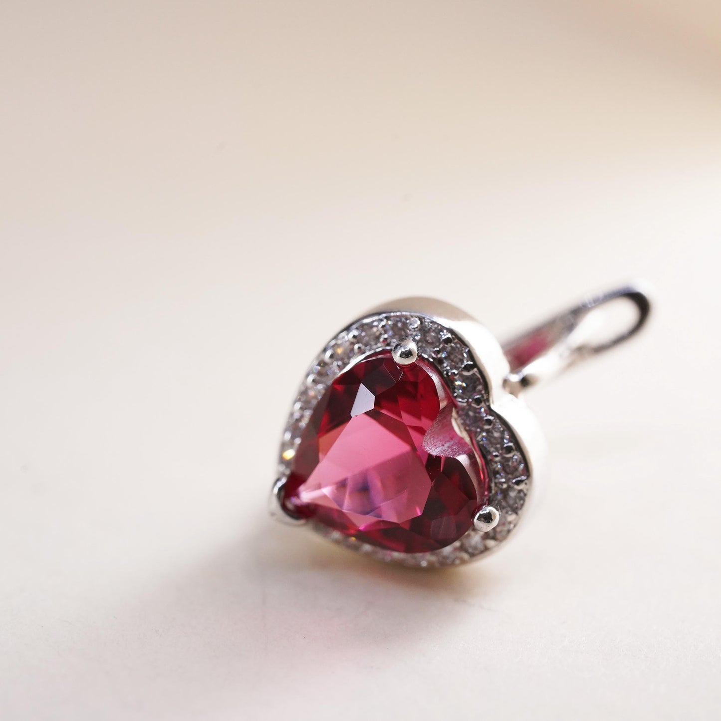 Vintage Sterling 925 silver handmade heart stud w/ ruby and cz, single earring