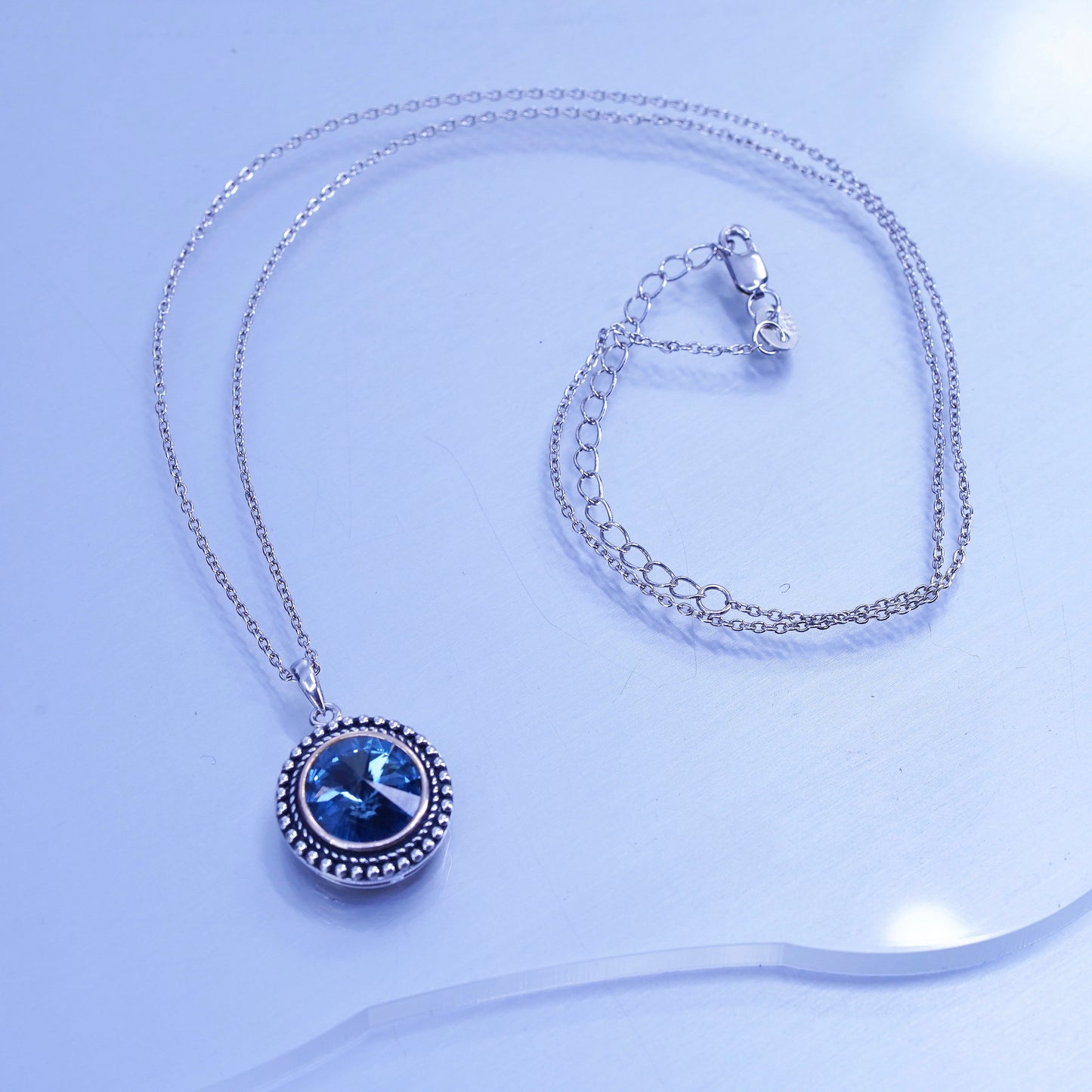 18+2”, Sterling 925 silver circle chain necklace with blue crystal pendant