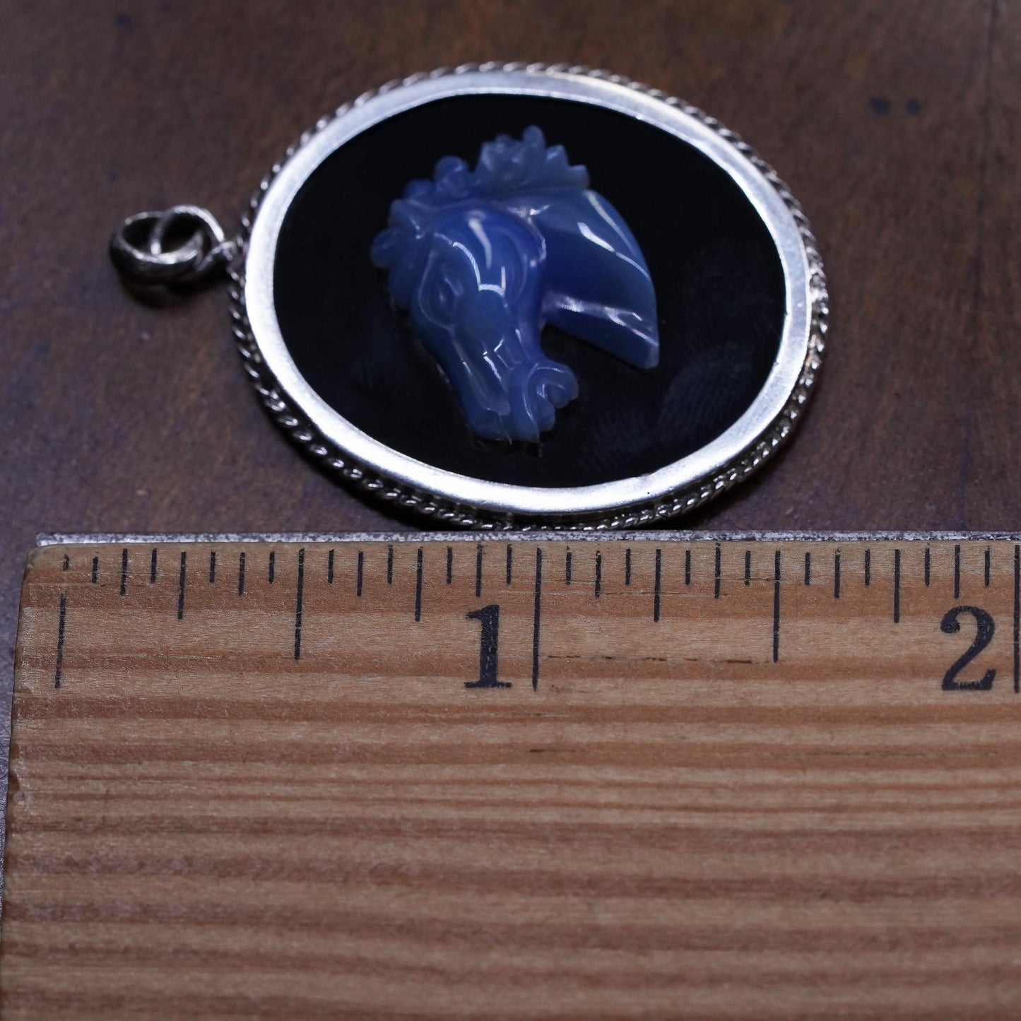 Vintage Sterling silver handmade oval pendant, 925 agate cameo horse with onyx