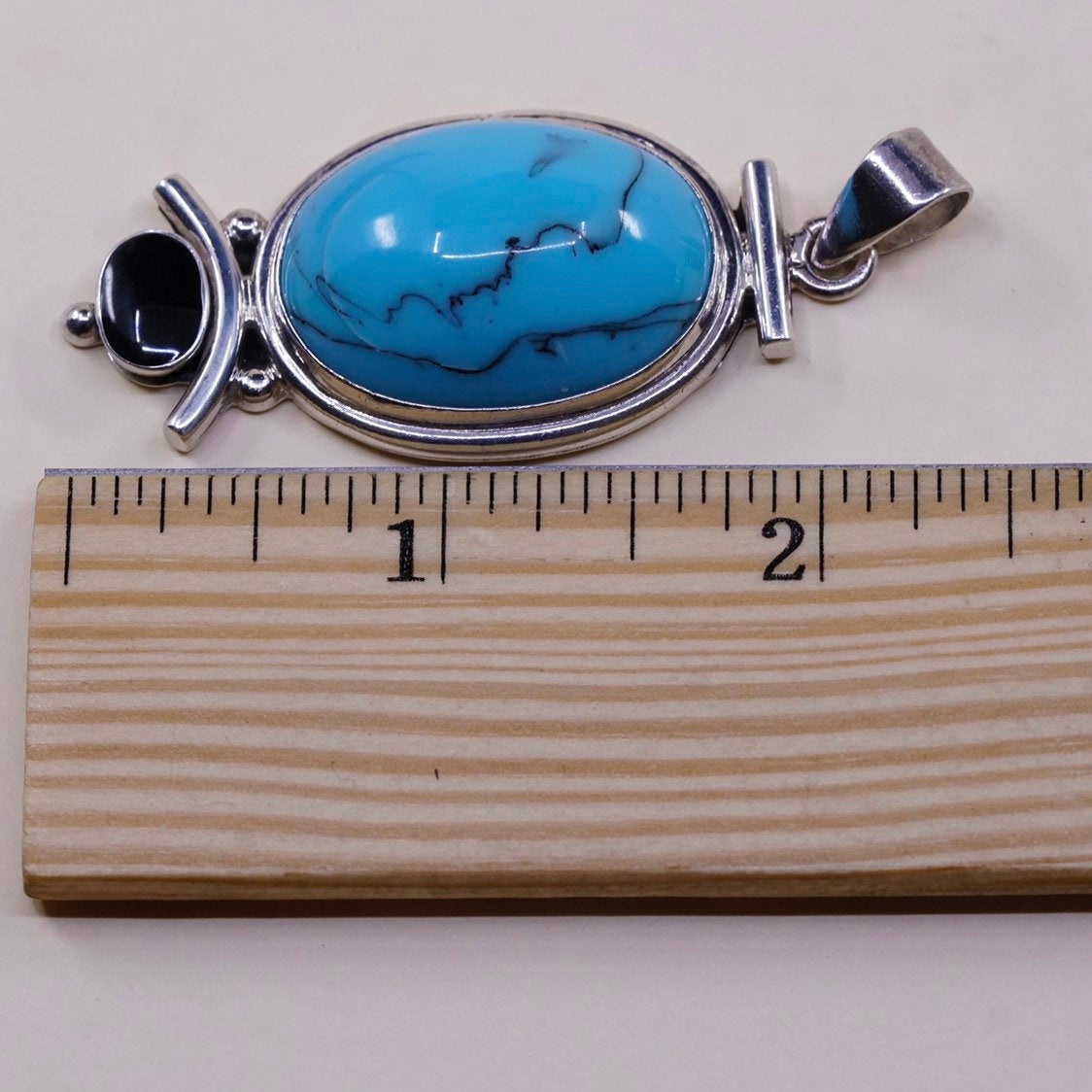 VTG sterling silver handmade pendant, Mexico w/ huge turquoise n obsidian