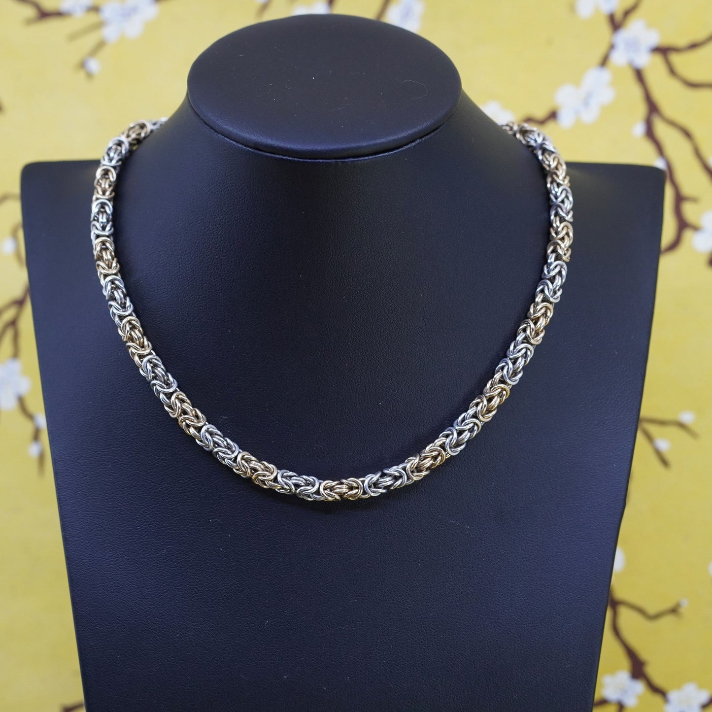 16” two tone sterling silver 925 Bali birdcage Byzantine chain necklace