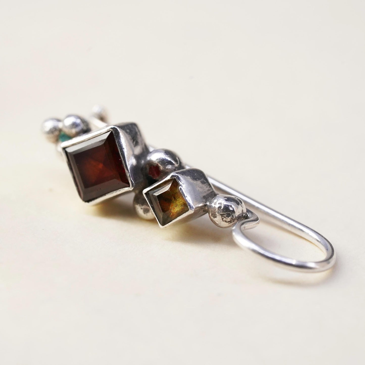 Vintage Sterling 925 Silver Dangle single earring with garnet and citrine