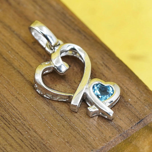 Vintage Sterling 925 silver double heart pendant with blue crystal