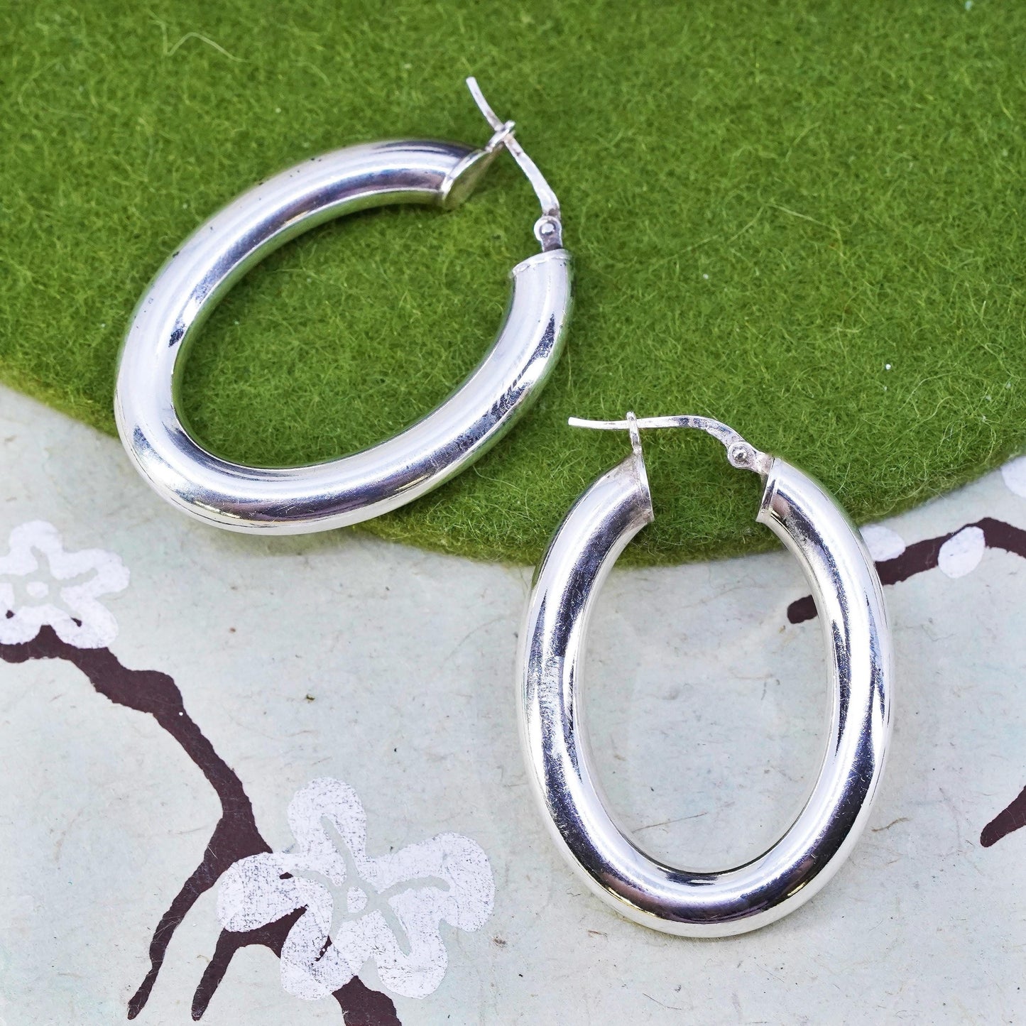 1.5" Vintage sterling silver bold oval earrings, fashion minimalist wide hoops