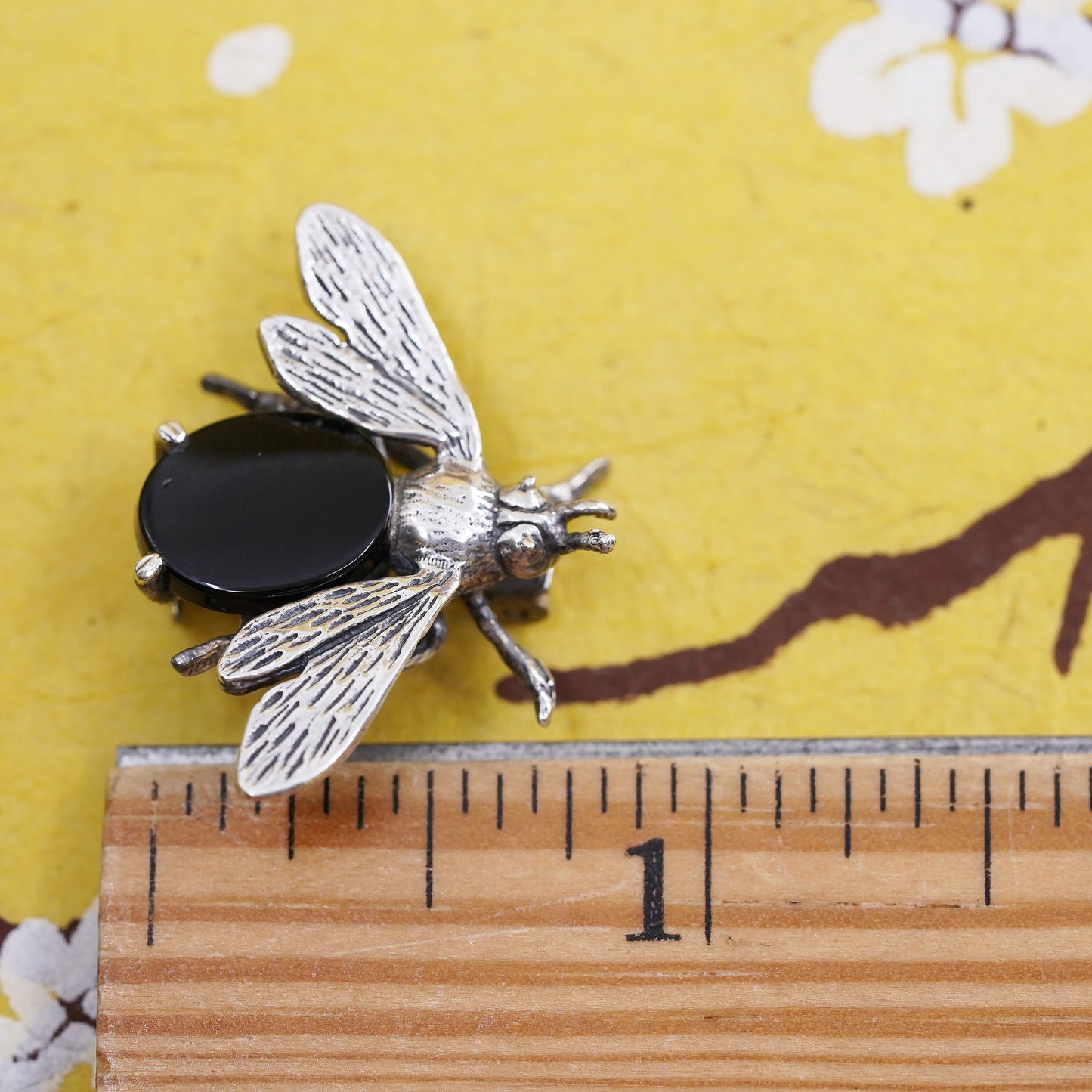 VTG handmade sterling silver brooch, Solid 925 silver bee marcasite obsidian