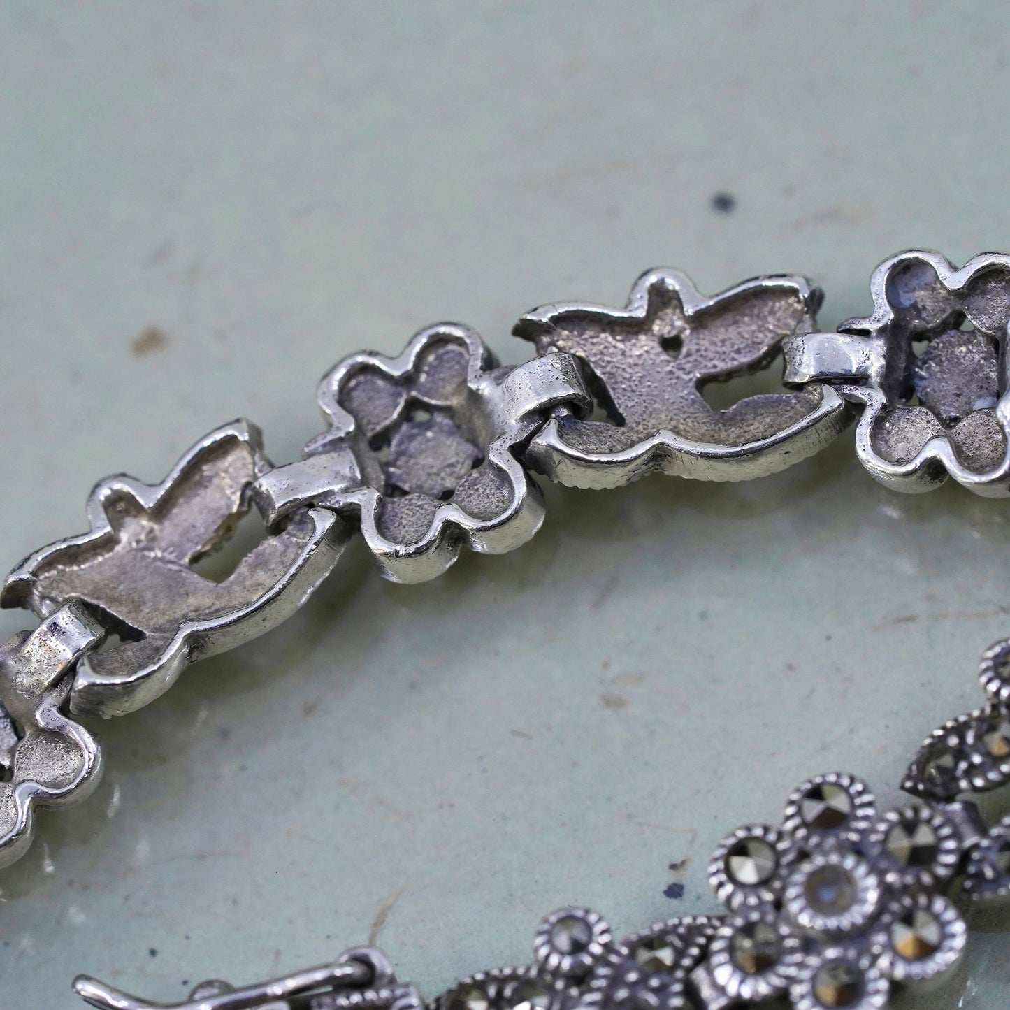 7”, vintage Sterling 925 Silver Handmade tennis Bracelet with marcasite flowers