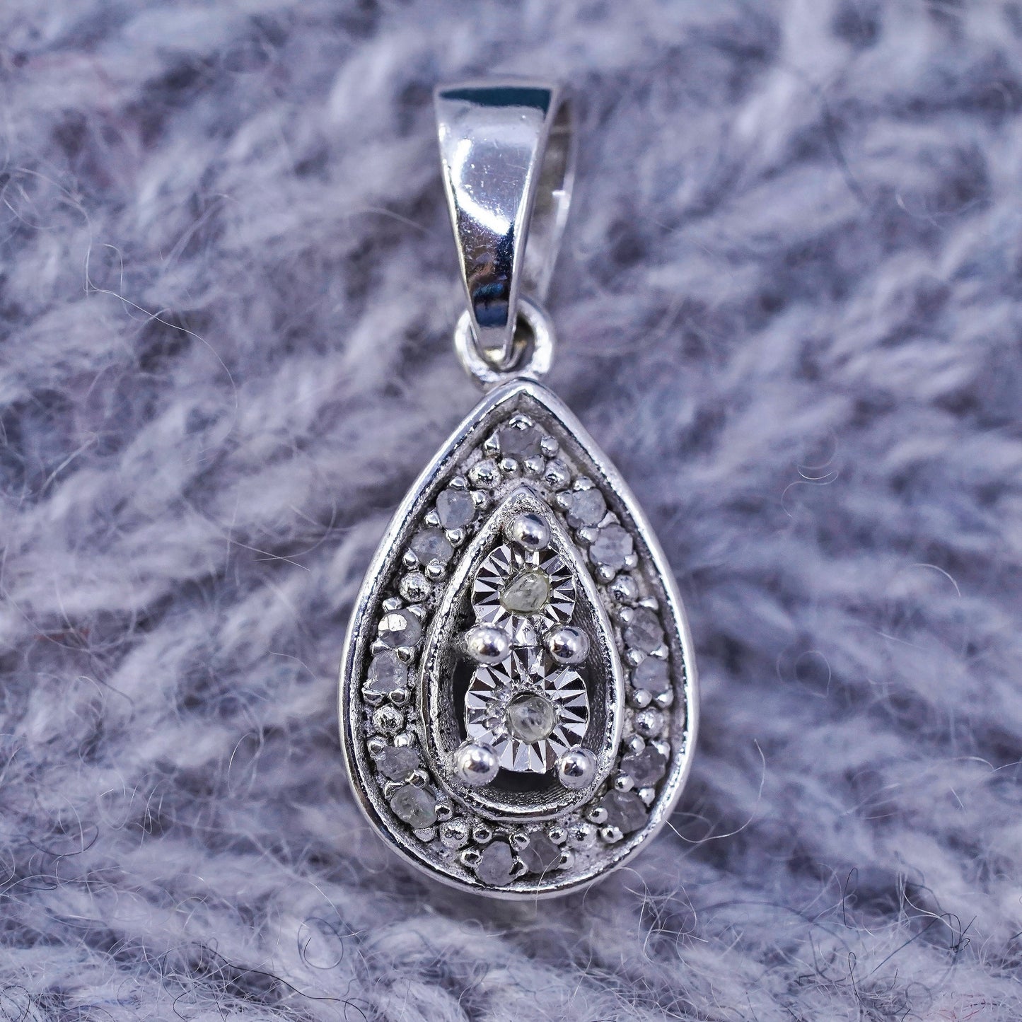 Vintage Sterling silver pendant, entwined 925 teardrop genuine clear diamonds