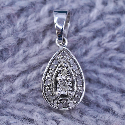 Vintage Sterling silver pendant, entwined 925 teardrop genuine clear diamonds