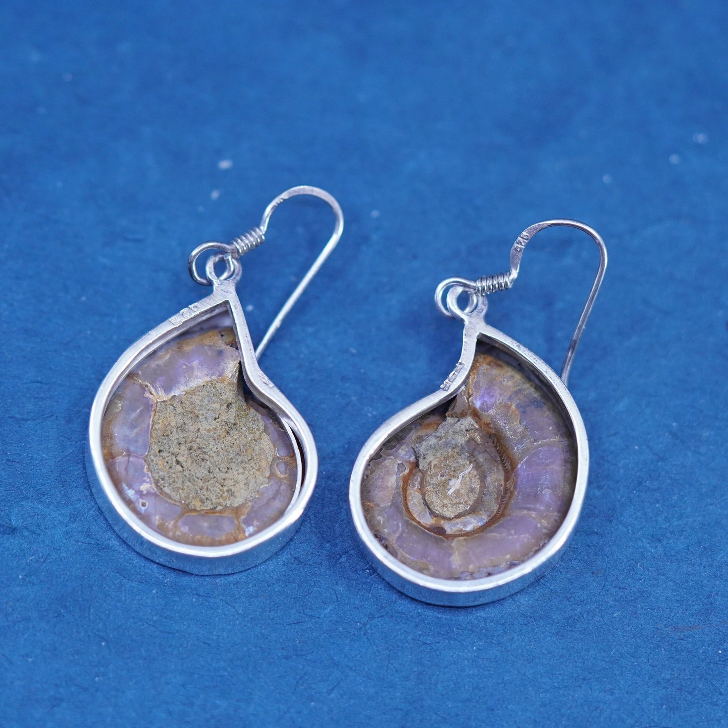 Vintage Sterling silver handmade earrings, 925 fossil shell drops