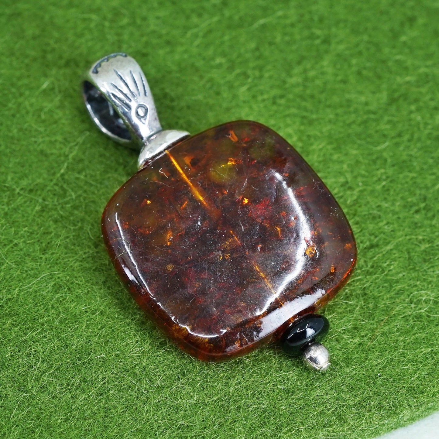 Vintage southwestern Sterling 925 silver handmade pendant with square amber