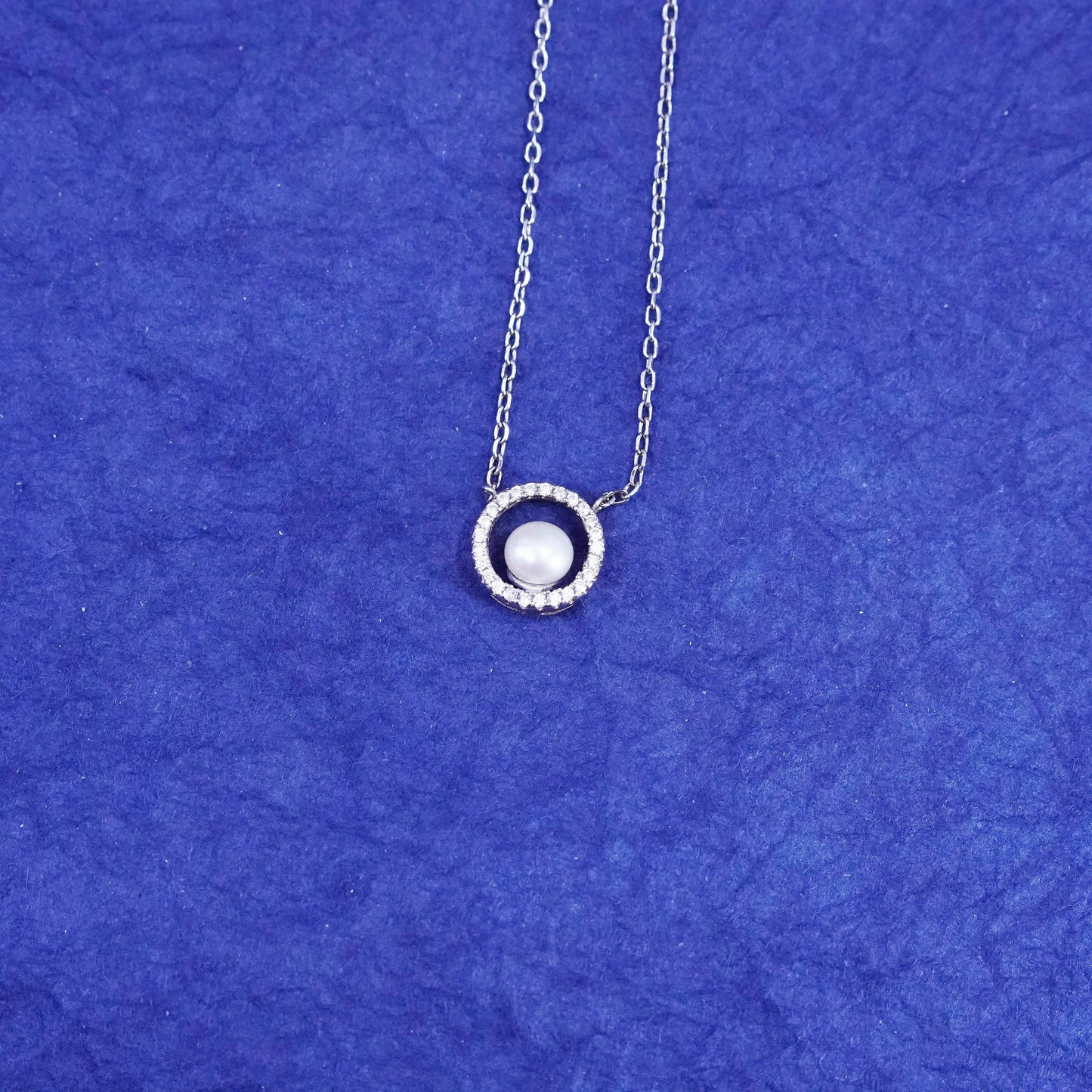 16+2”, vintage Sterling silver necklace, 925 circle chain with pearl pendant cz