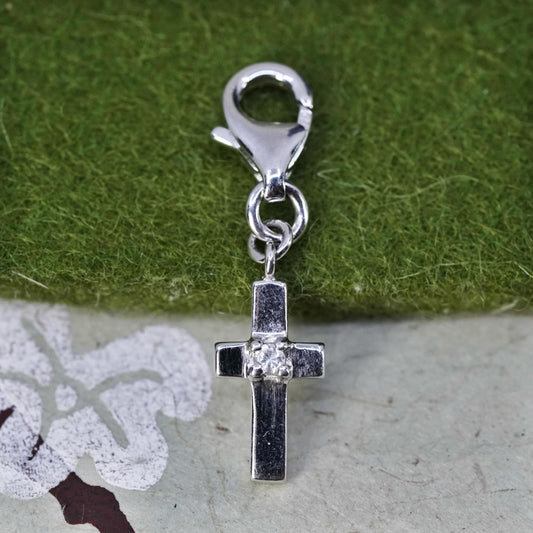 Vintage Sterling silver pendant, solid 925 silver cross charm with cz