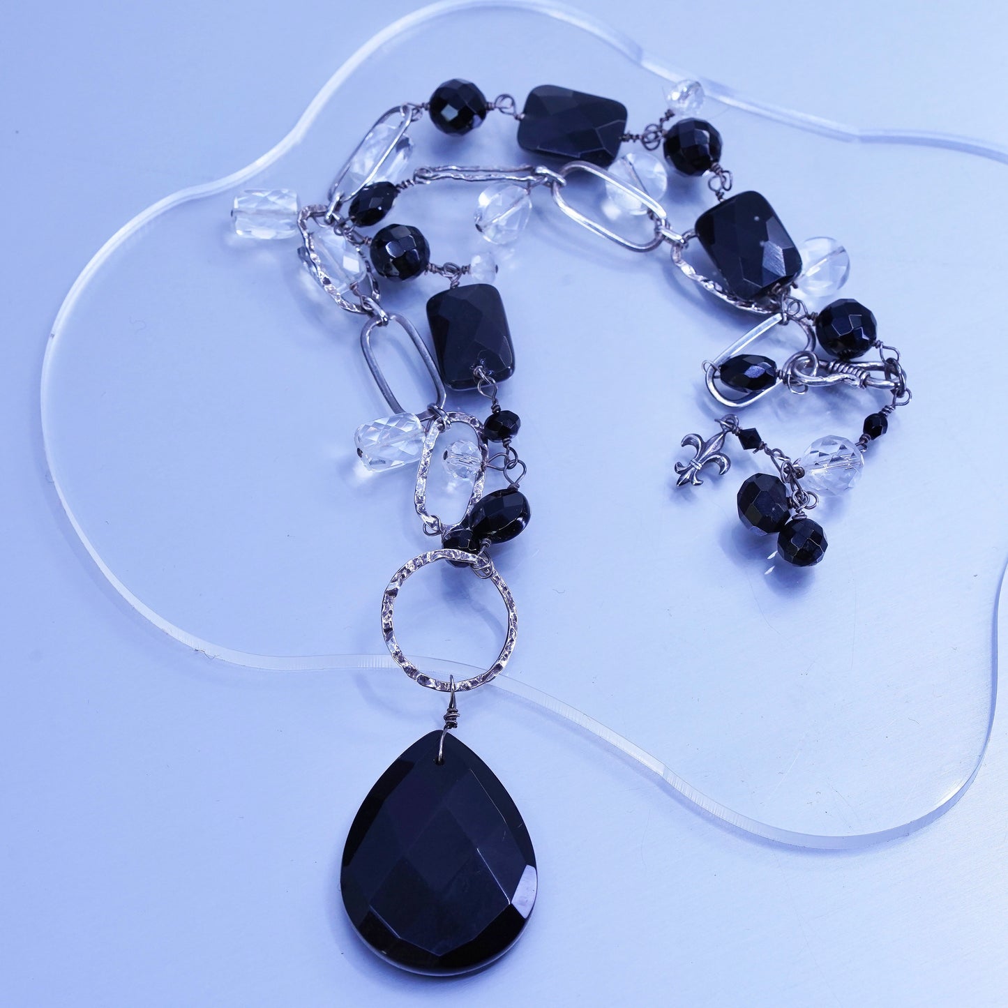 16”, Sterling 925 silver crystal obsidian beads necklace teardrop pendant