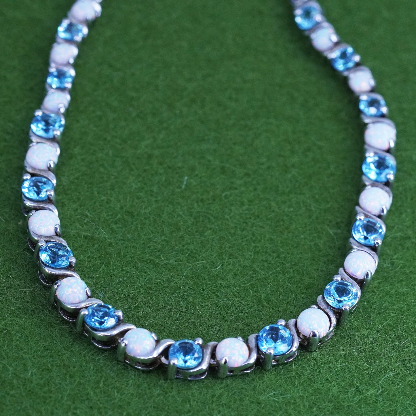 17", EMA sterling 925 silver tennis necklace with white opal and aquamarine