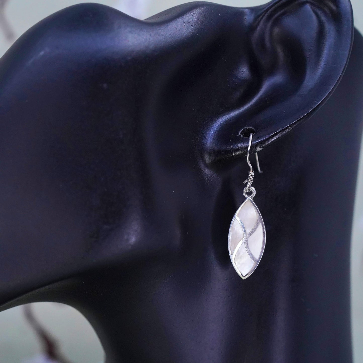 Vintage sterling 925 silver handmade earrings with white mother of pearl drop