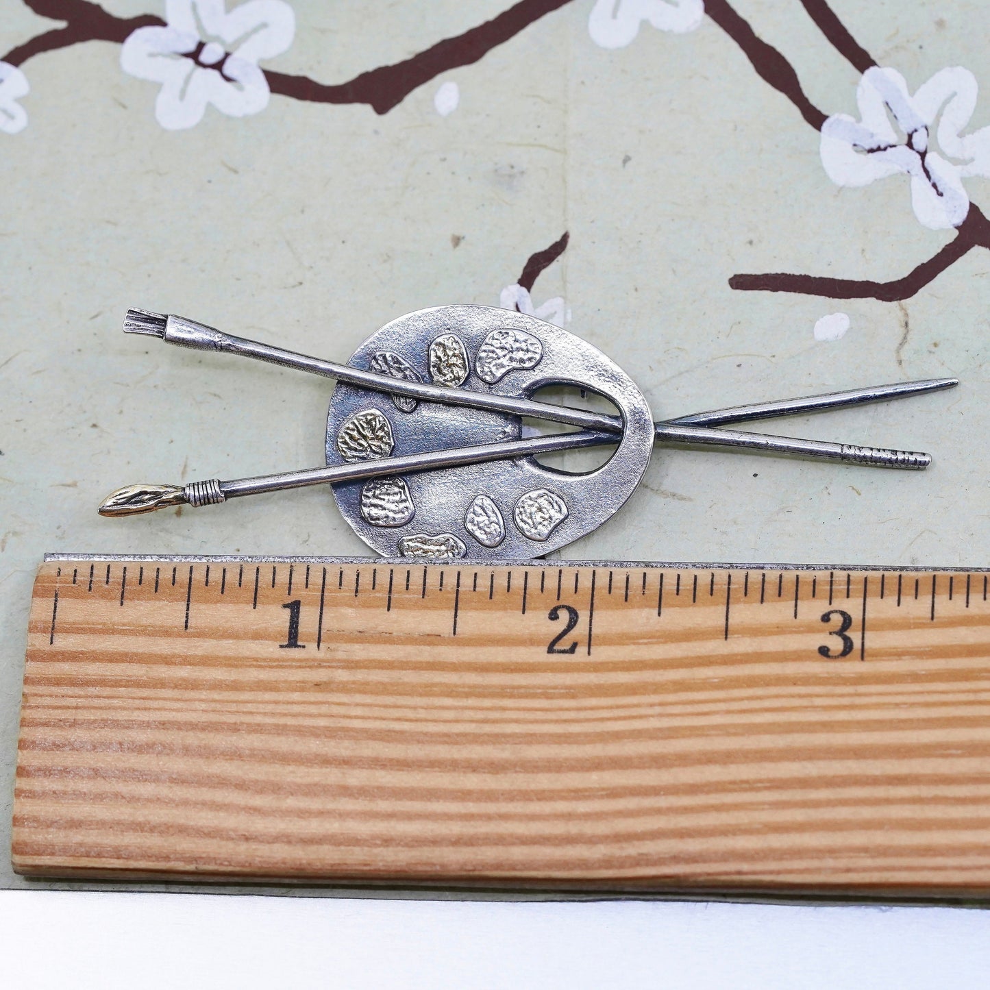 Vintage long sterling silver handmade brooch, 925 painting palette with brushes