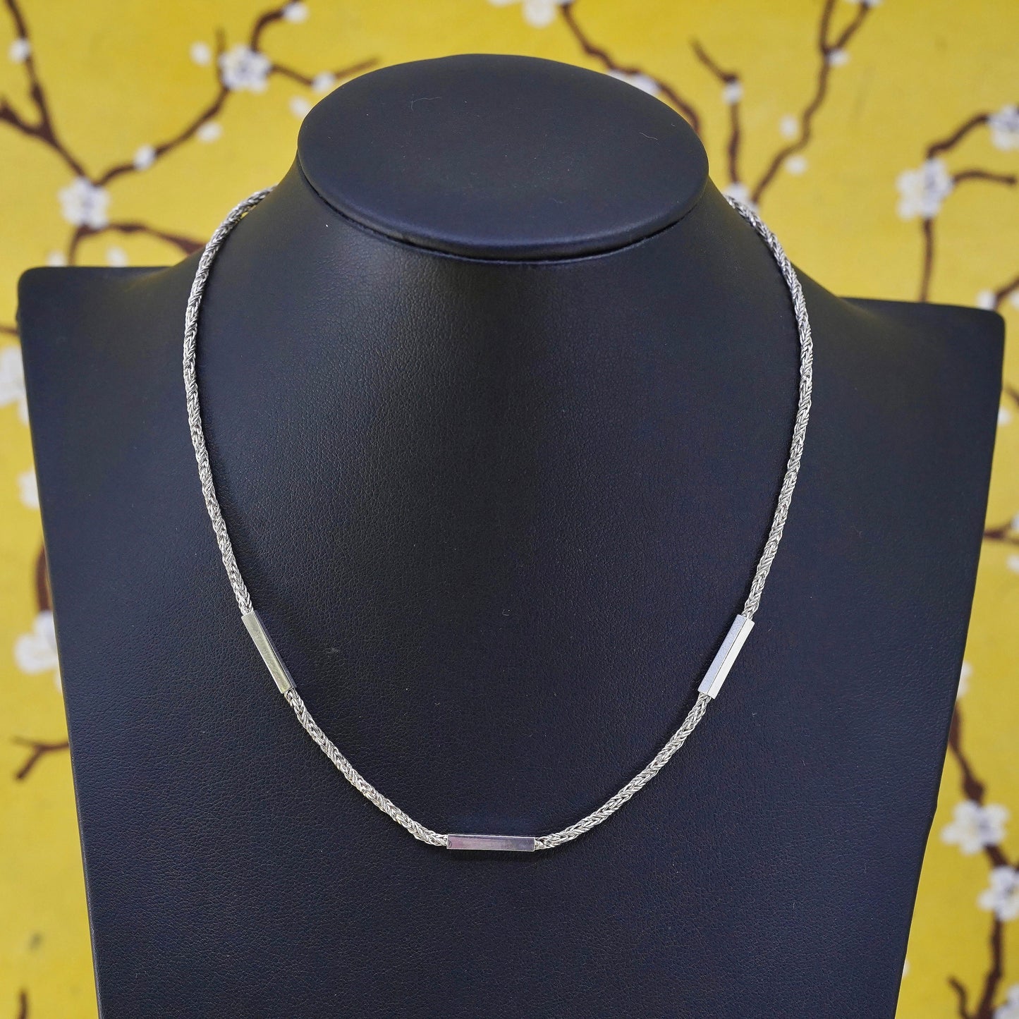 15” Sterling silver handmade necklace, 925 silver wheat chain with tube bar