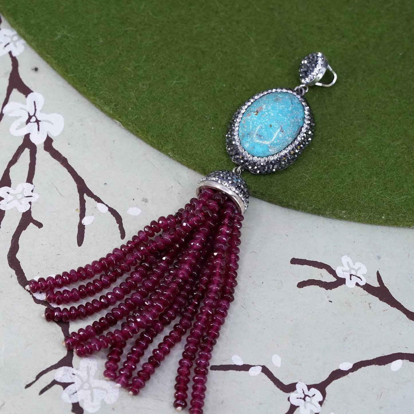 southwestern sterling 925 silver huge pendant turquoise garnet bead fringe, cz