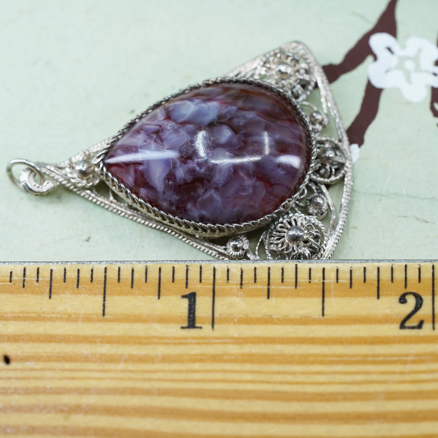 sterling silver 925 handmade filigree pendant with teardrop agate and flower