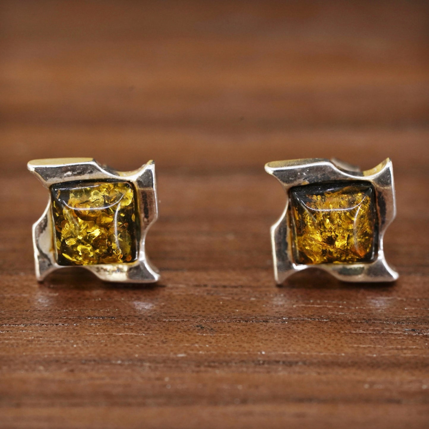 Vintage Sterling Silver Handmade earrings, square 925 studs with amber inlay