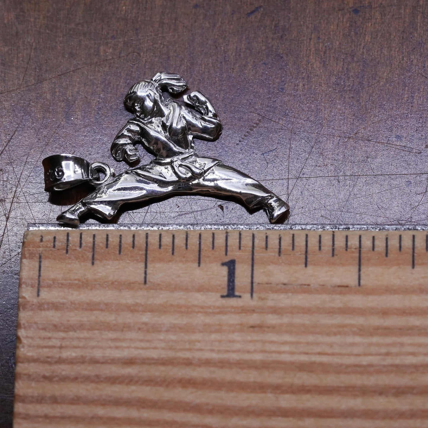 Vintage sterling silver handmade pendant, 925 kongfu Karate girl figure charm