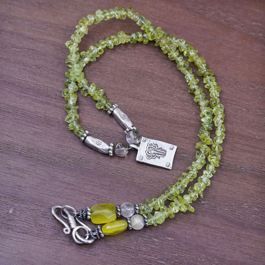 16”, Sterling silver Handmade necklace, 925 tag pendant with peridot beads