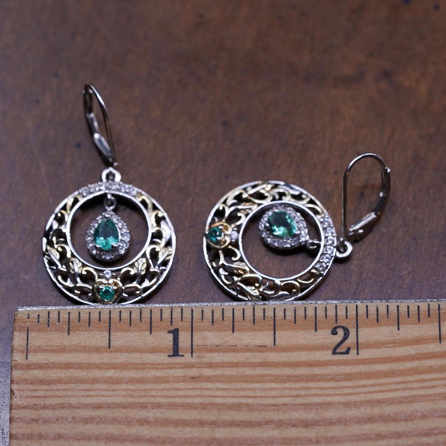 two tone Sterling silver handmade earrings, 925 filigree circle with blue topaz