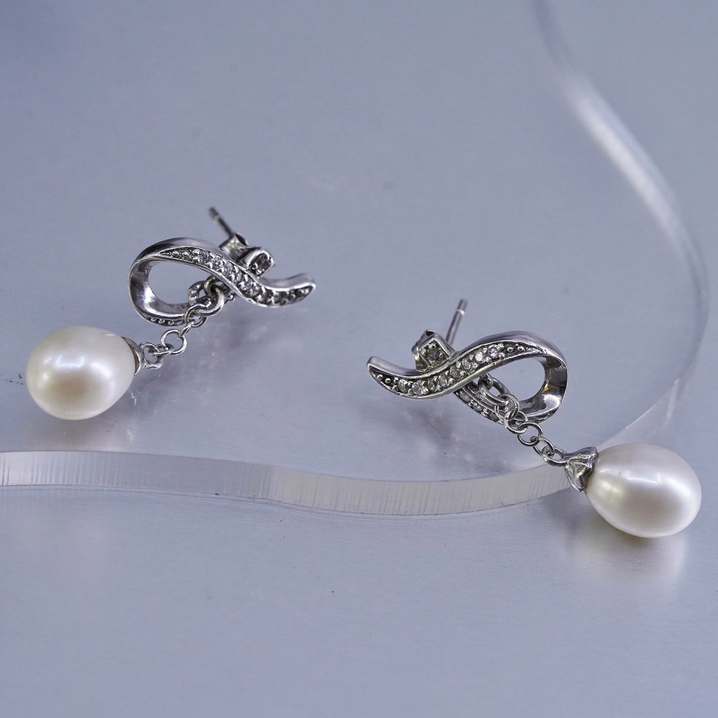 Vintage Sterling 925 silver handmade earrings with teardrop pearl and Cz