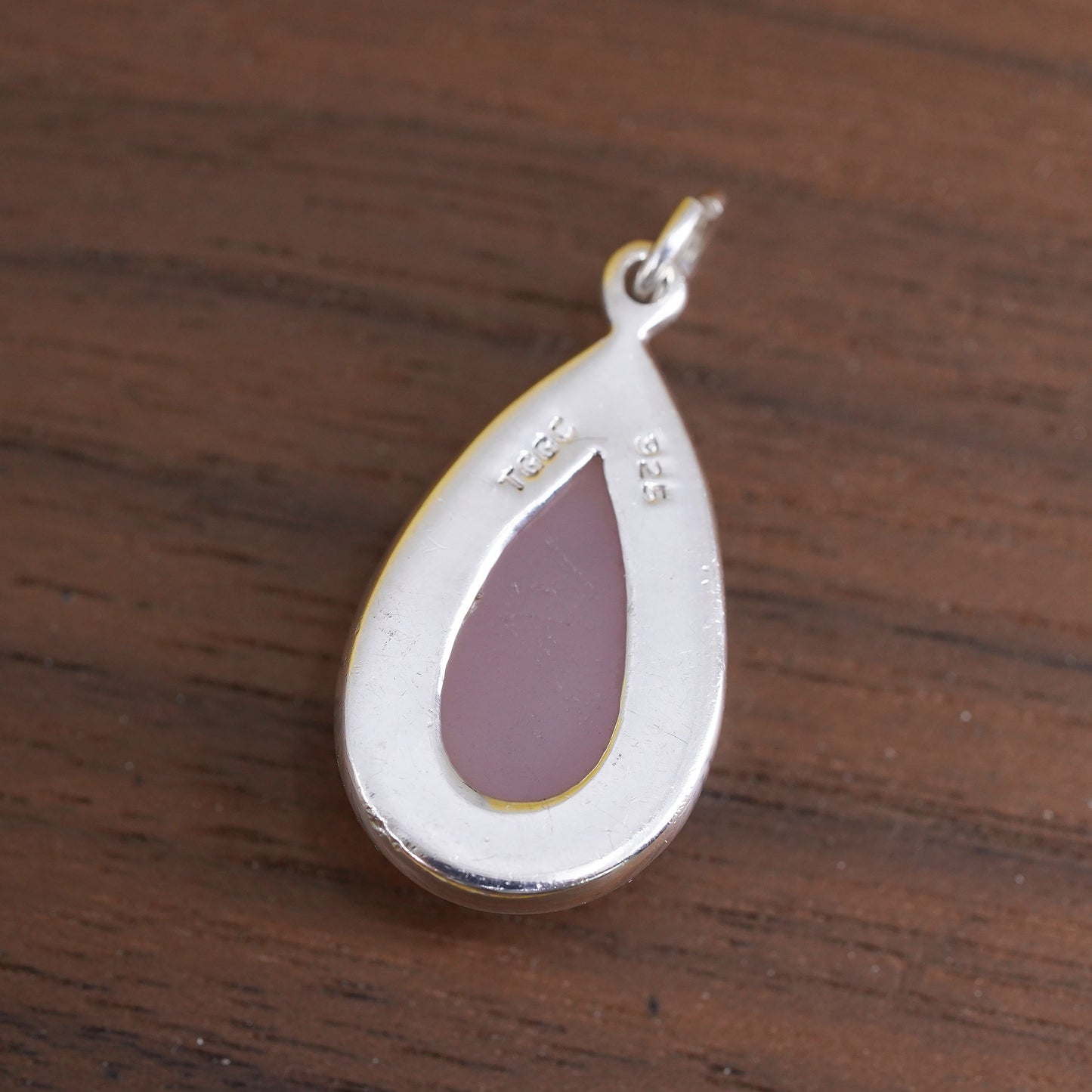 Sterling 925 silver handmade pendant with carved teardrop pink rose quartz