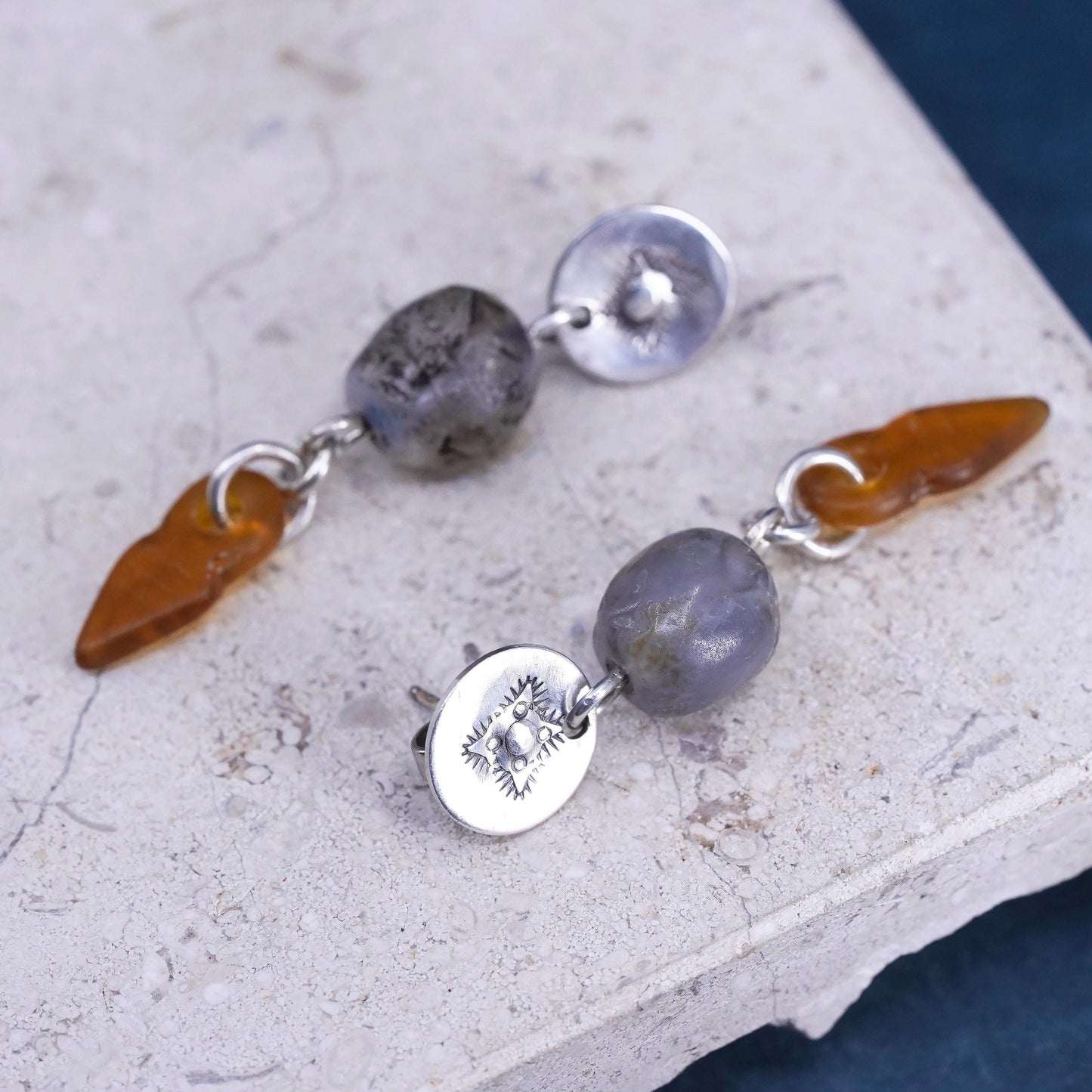 Sterling silver earrings, 925 studs with rutilated quartz amber arrow dangles