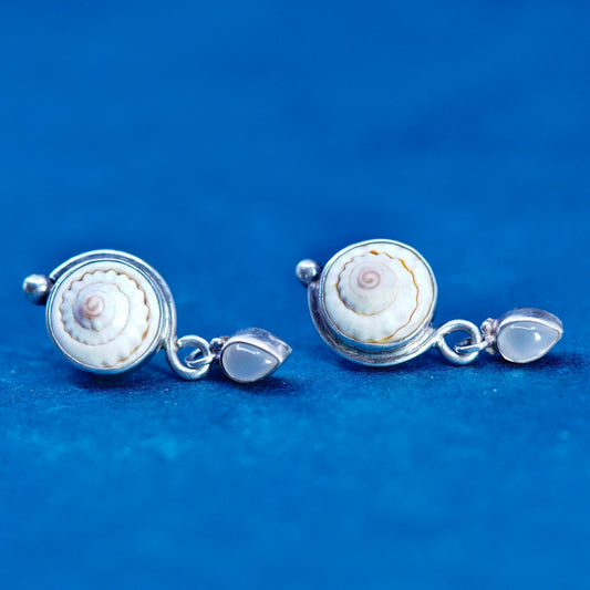 Sajen Sterling Silver 925 Shiva eye earrings, fossil shell teardrop moonstone