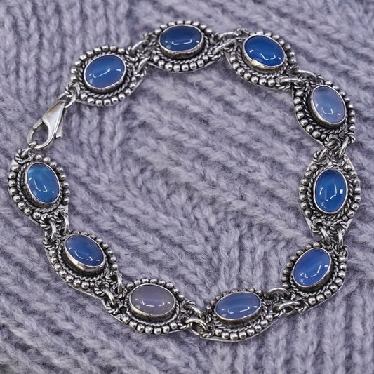 6.75", Sterling silver handmade bracelet, 925 beads links chain blue crystal