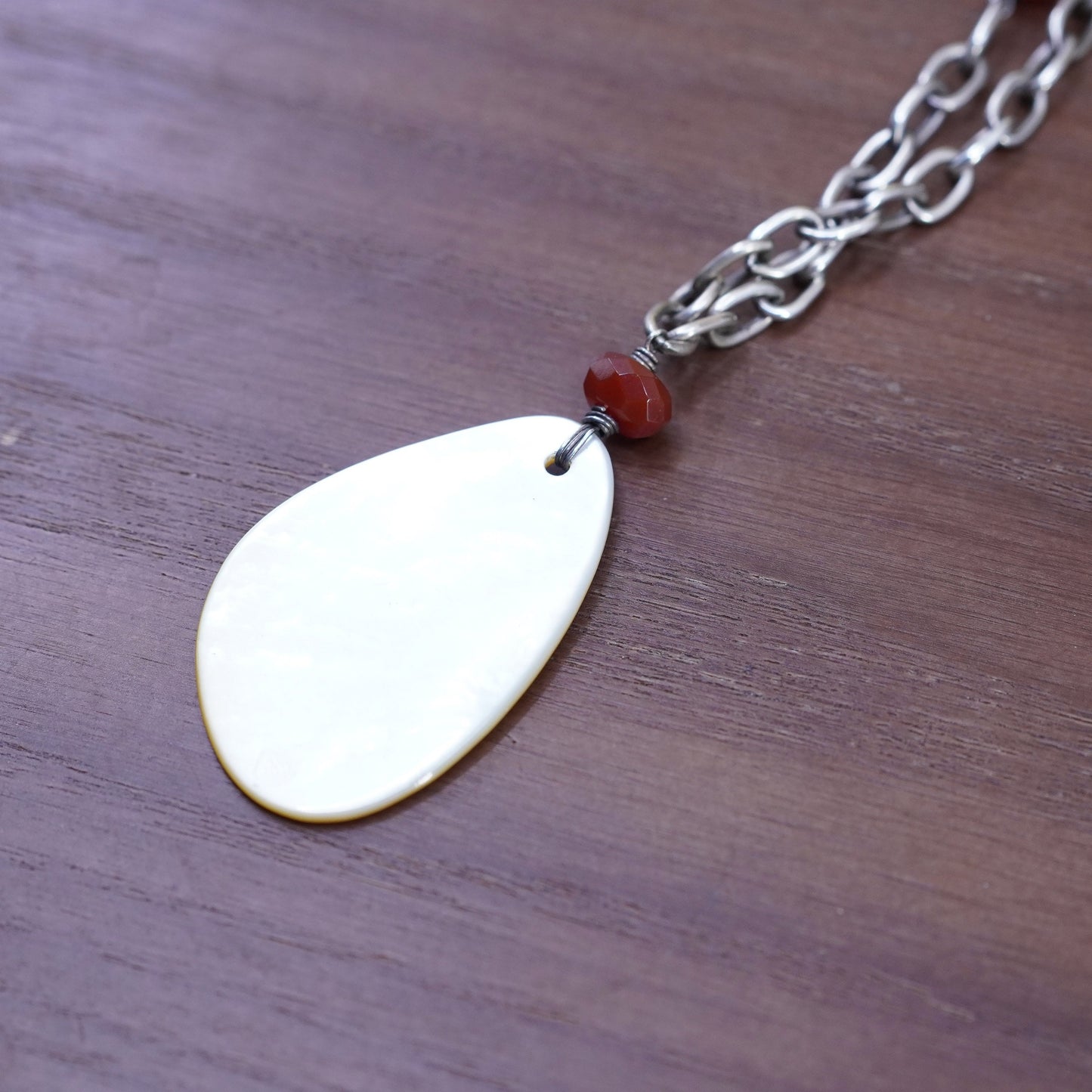 16”, sterling silver 925 handmade necklace w/ mother of pearl teardrop pendant