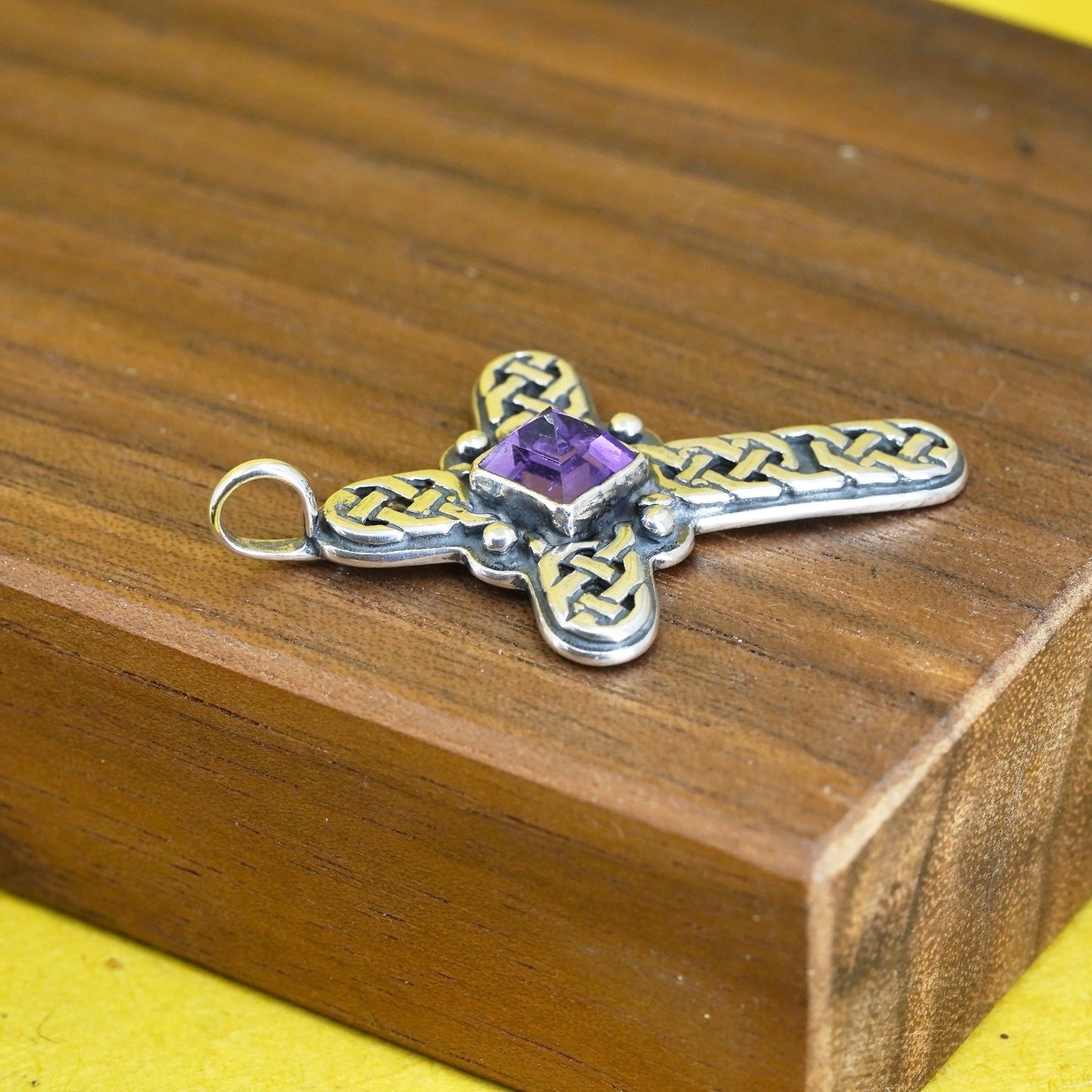 Vintage Sterling silver handmade pendant, textured 925 cross charm w/ amethyst