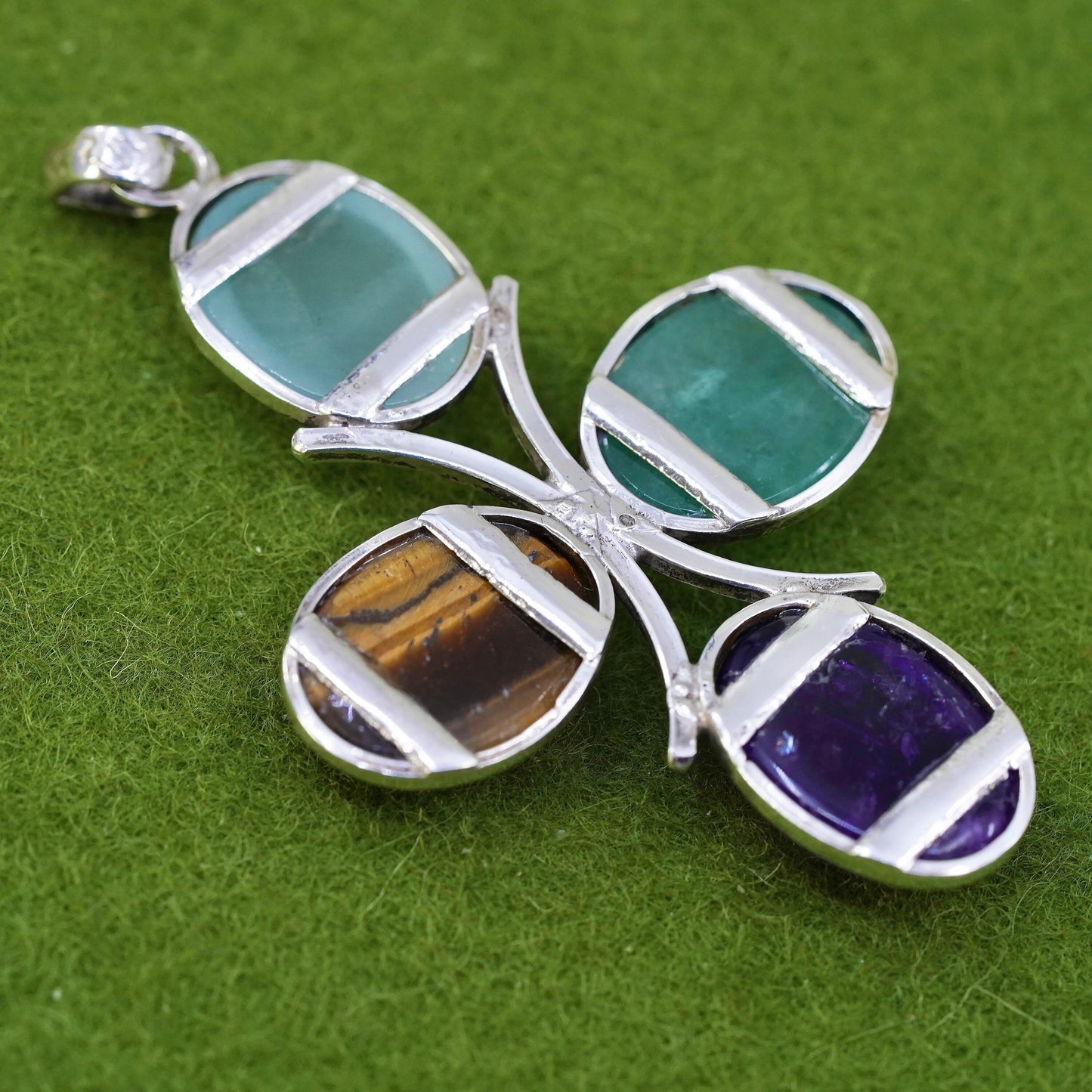 Southwestern sterling silver pendant, 925 cross jade golden tiger eye amethyst