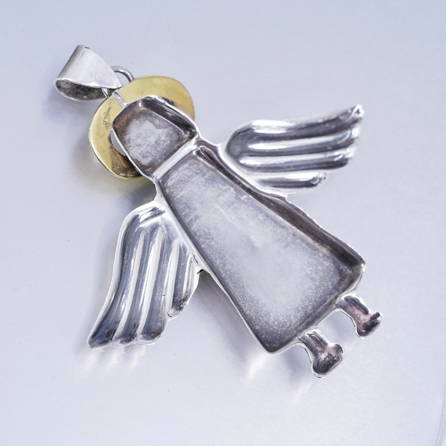 Vintage two tone Sterling silver handmade charm, 925 angel pendant brass wings