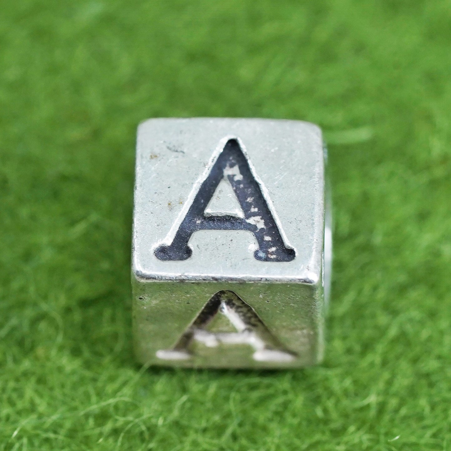 Vintage sterling silver handmade pendant, 925 cube charm engraved letter “A”