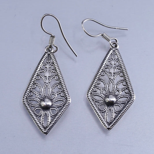 Vintage Sterling 925 silver handmade diamond shaped filigree earrings