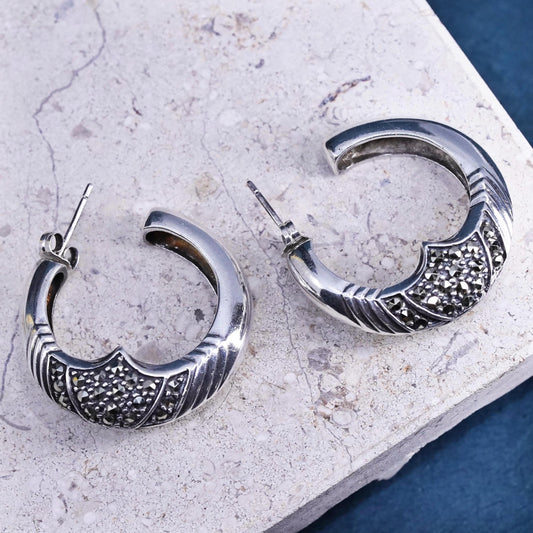 1”, vintage Sterling silver earrings, 925 Huggie moon shaped hoops marcasites