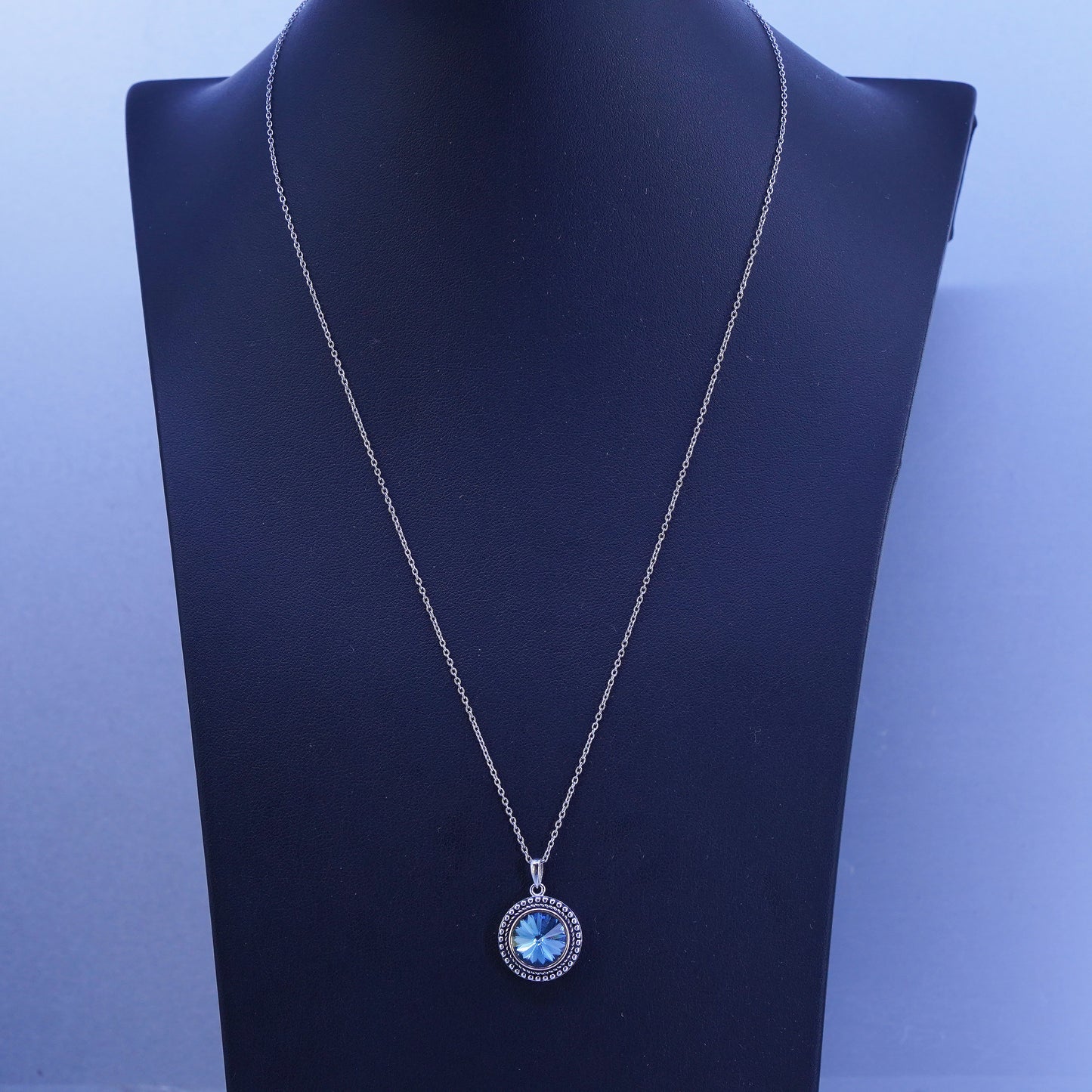 18+2”, Sterling 925 silver circle chain necklace with blue crystal pendant