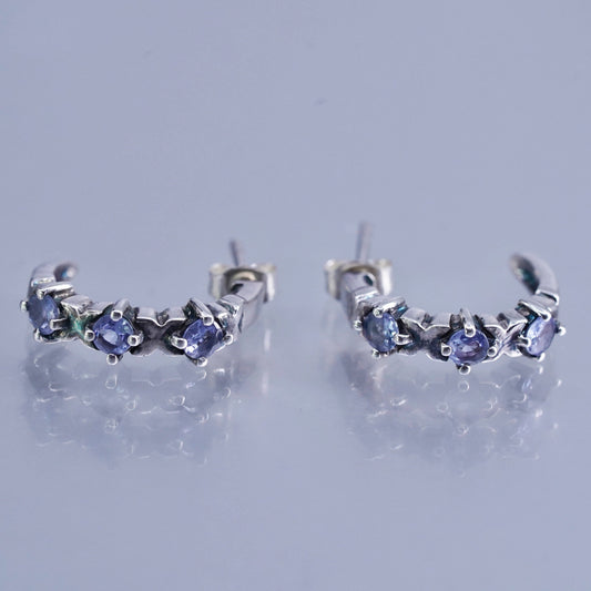 0.75”, vintage Sterling silver handmade earrings, 925 huggie studs w/ amethyst