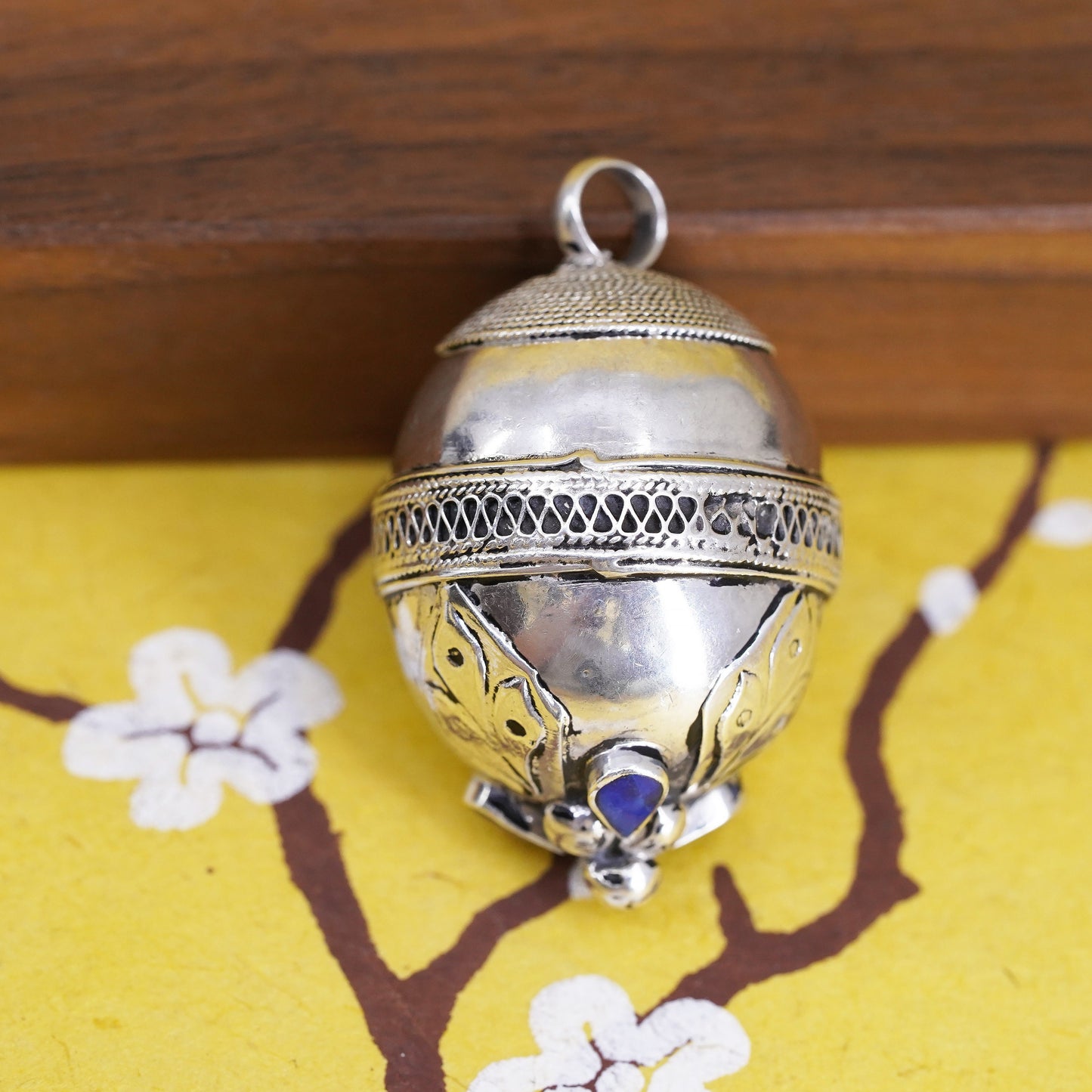 Vintage Sterling silver handmade ball charm, 925 filigree oval ball pendant