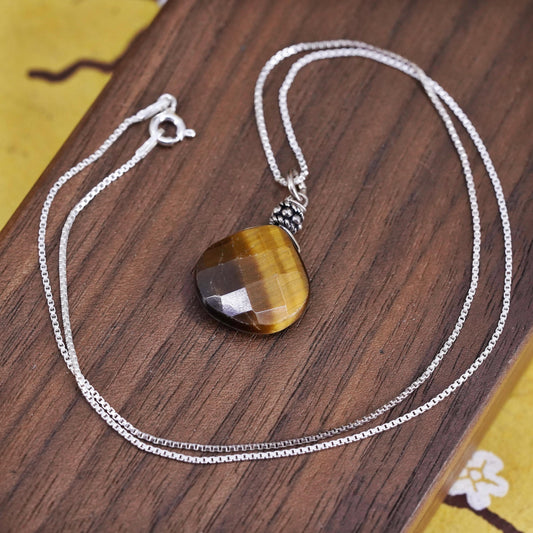 16", vintage Sterling silver box chain necklace 925 golden tiger eye pendant