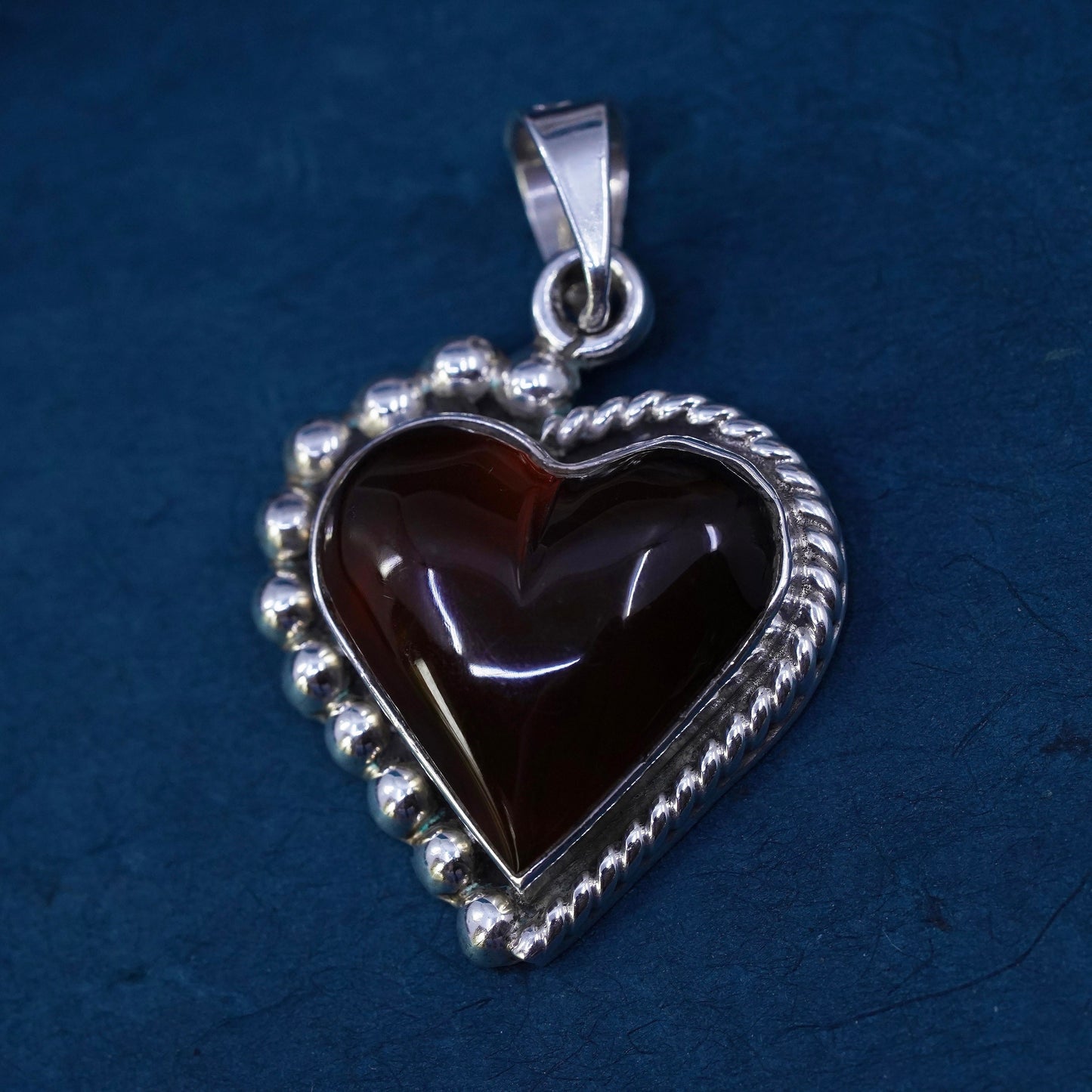 Vintage Mexican Sterling 925 silver handmade pendant with amber heart and beads