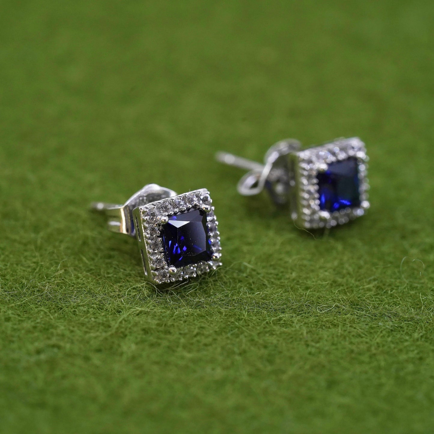 Vintage Sterling silver handmade earrings, 925 studs with sapphire cluster Cz