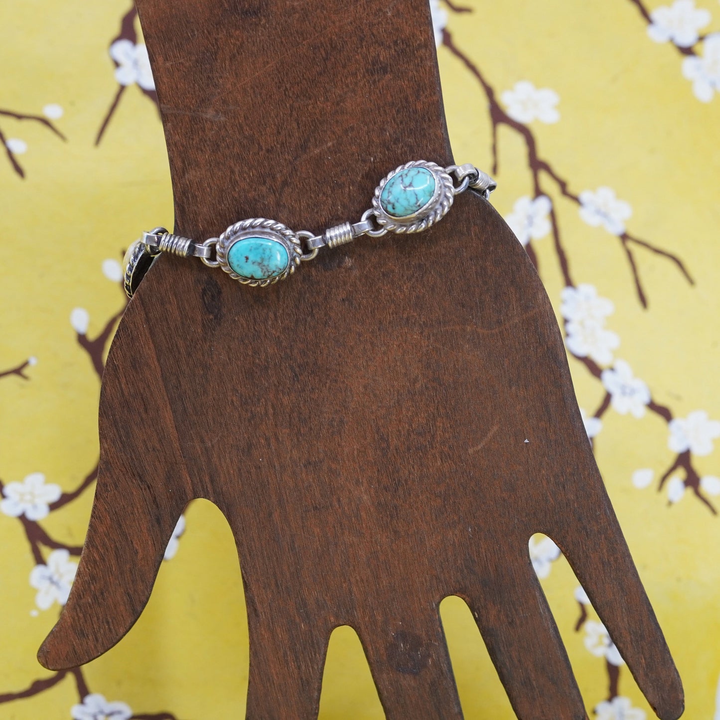 7.5”, southwestern Sterling 925 silver bracelet spiderwebbed turquoise cable