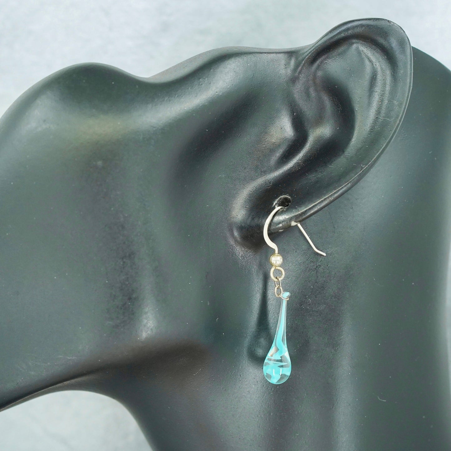 Vintage Sterling 925 silver handmade earrings with blue teardrop glass