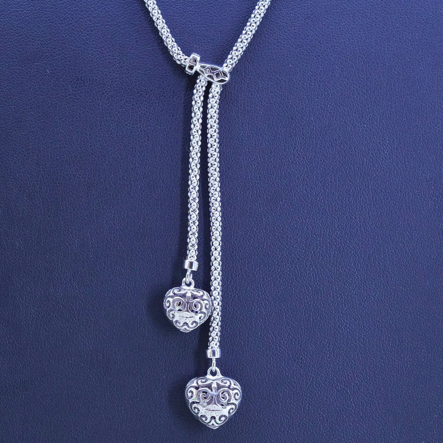 18", Vintage sterling silver necklace, popcorn chain ruby heart pendant diamond